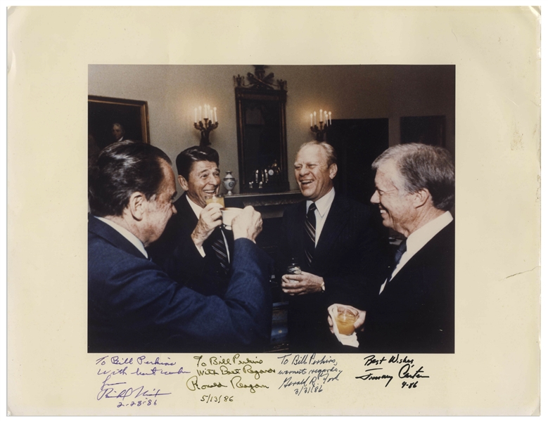 Four Presidents Signed Photo Measuring 14'' x 10.75'' -- Signed by Ronald Reagan as President in 1986, as Well as Richard Nixon, Gerald Ford and Jimmy Carter